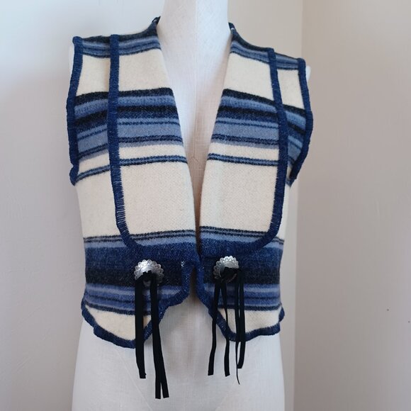 Woolrich Wool Vest Blue White Striped Collared Western Rodeo Womens Medium - Picture 2 of 14